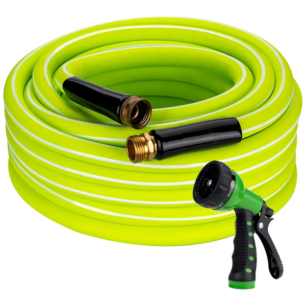 100ft X 5/8'' Kink-Free Flexible Hybrid Rubber Garden Hose W/ 7-Function Nozzle