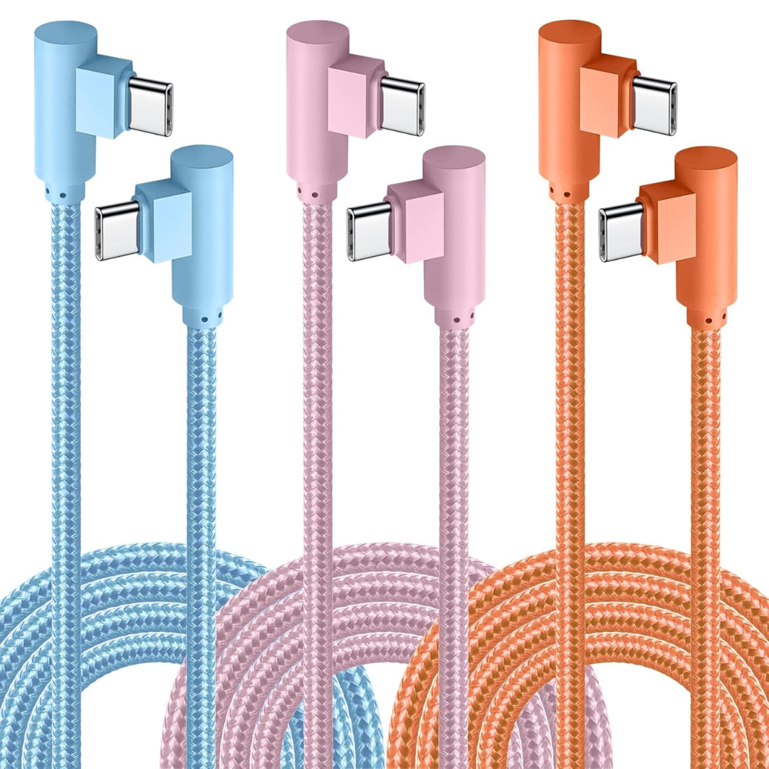 3-Pack 10Ft 60W PD Fast Charging USB-C Cable With 90 Deg. Connector