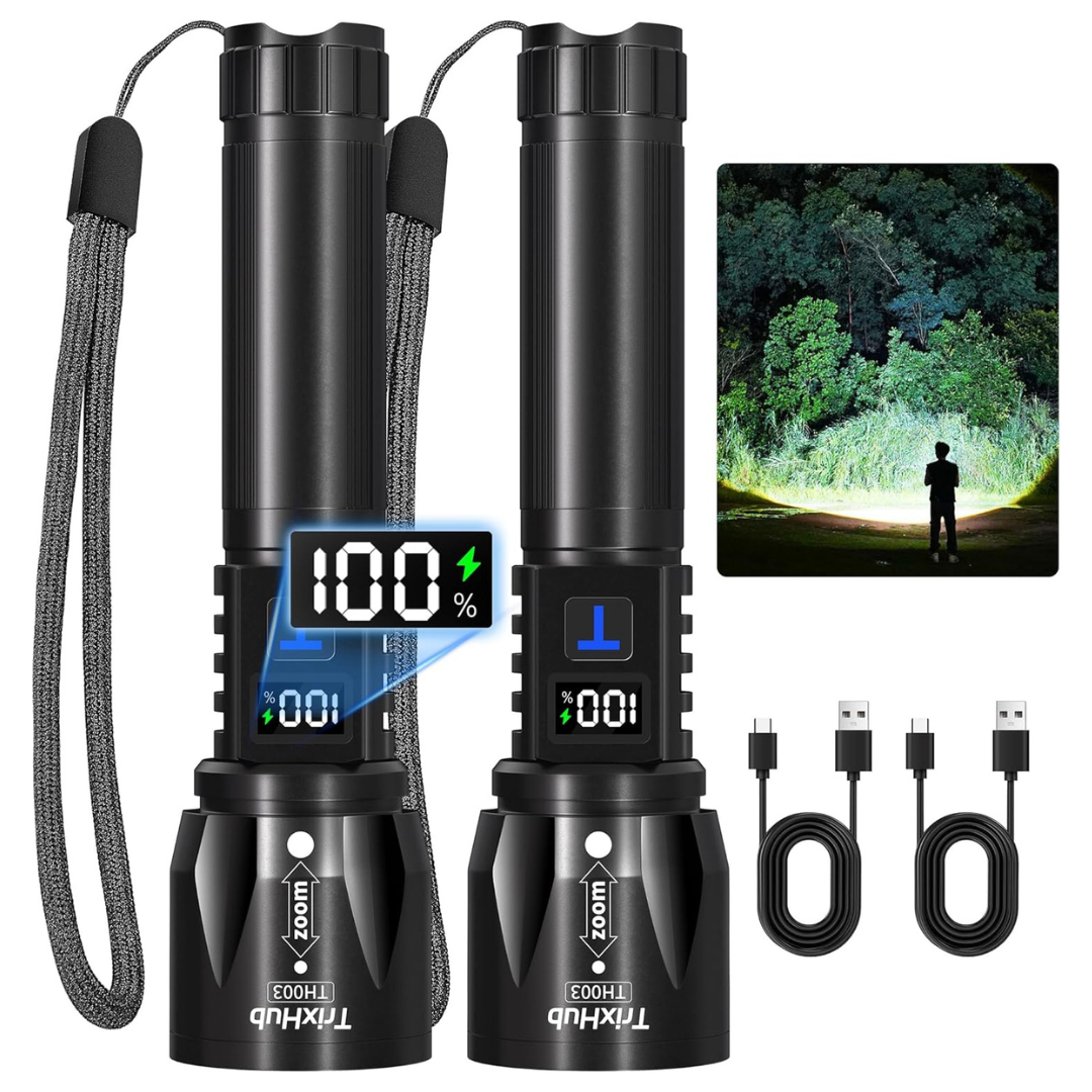 2-Pack Rechargeable High Lumen Flashlights W/ 5 Modes & LCD Display
