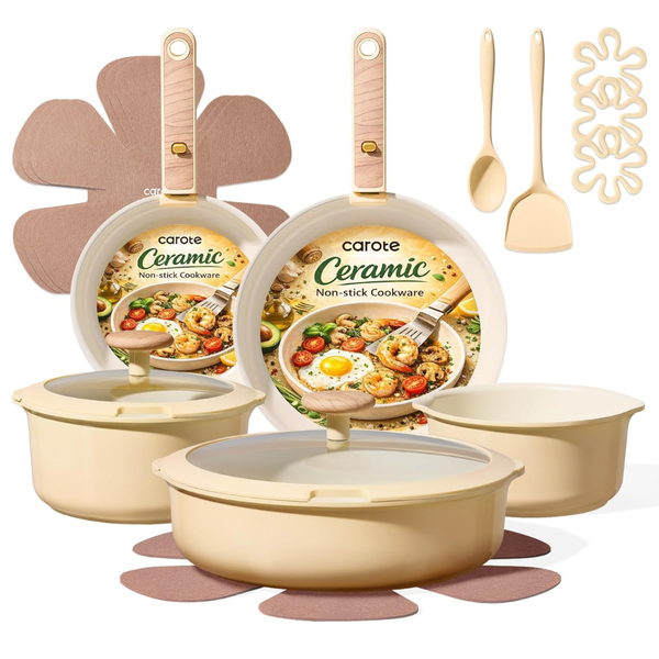 18-Piece Carote Ceramic Non Stick Cookware Set With Detachable Handle