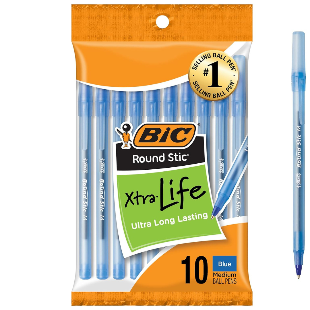10-Count BIC Round Stic Xtra Life Ballpoint Pen Medium Point