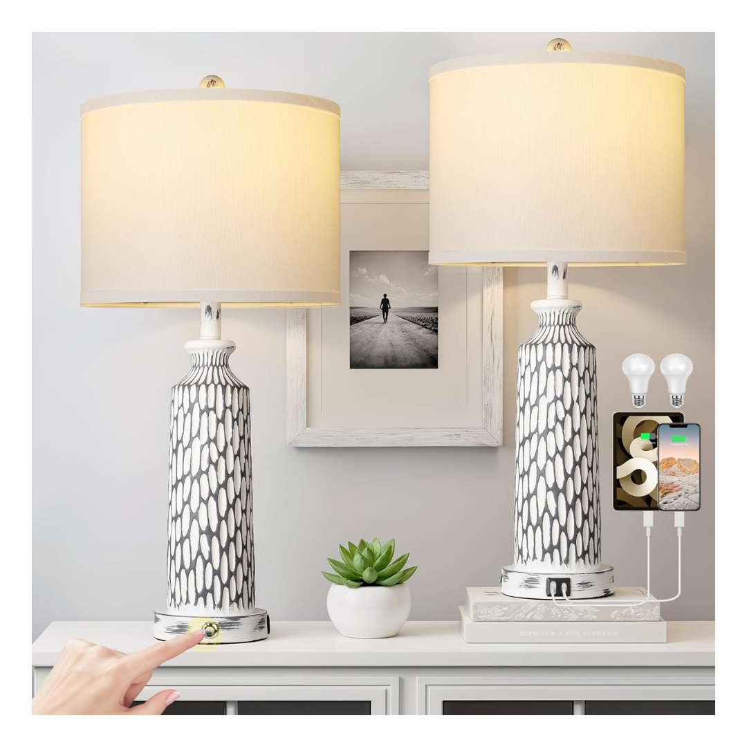 2-Pack QiMH 26" Bedside Table Lamps With USB A+C Ports