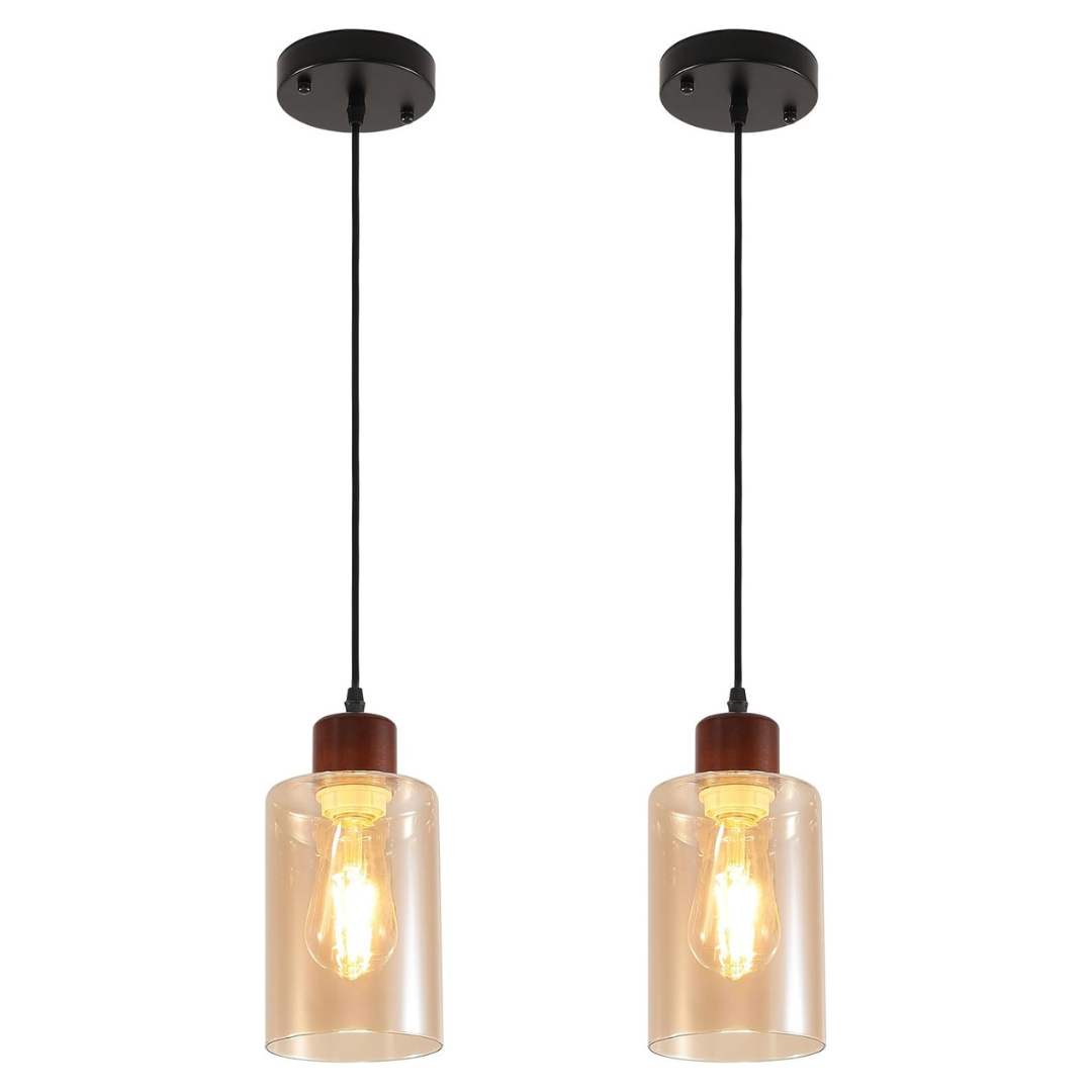 2-Pack Modern Wood Farmhouse Pendant Lights W/ Amber Glass Shade