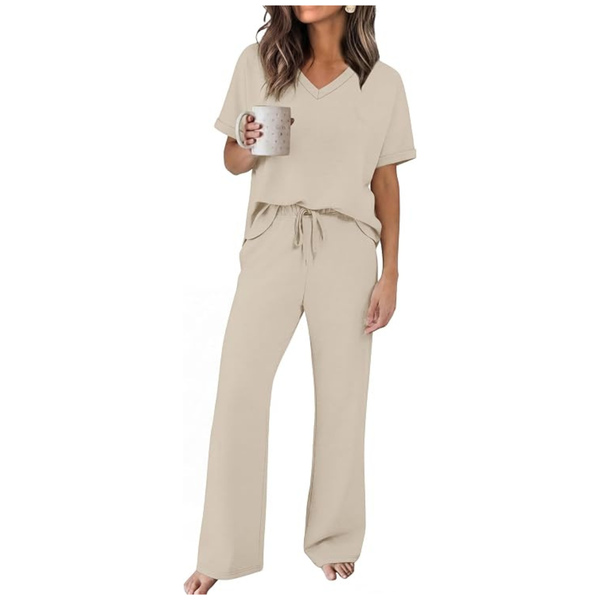 2-Piece Women's Lounge Set W/ V-Neck Top & Wide-Leg Pants (2 Colors)