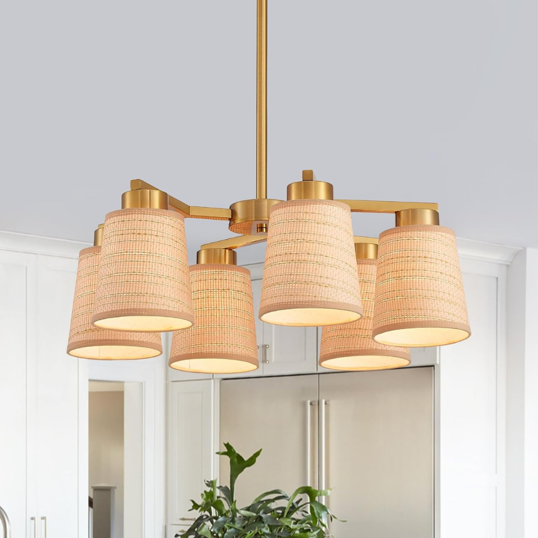 Majhoiw 22" Boho Rattan 6-Light Chandelier With Woven Fabric Shade
