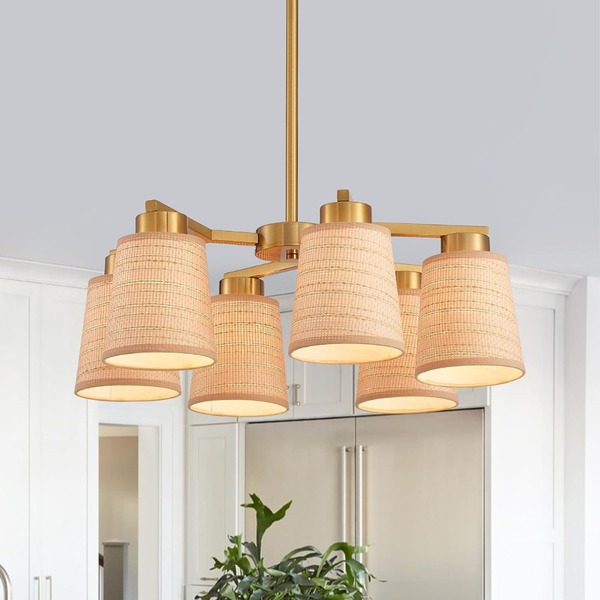 Majhoiw 22" Boho Rattan 6-Light Chandelier With Woven Fabric Shade
