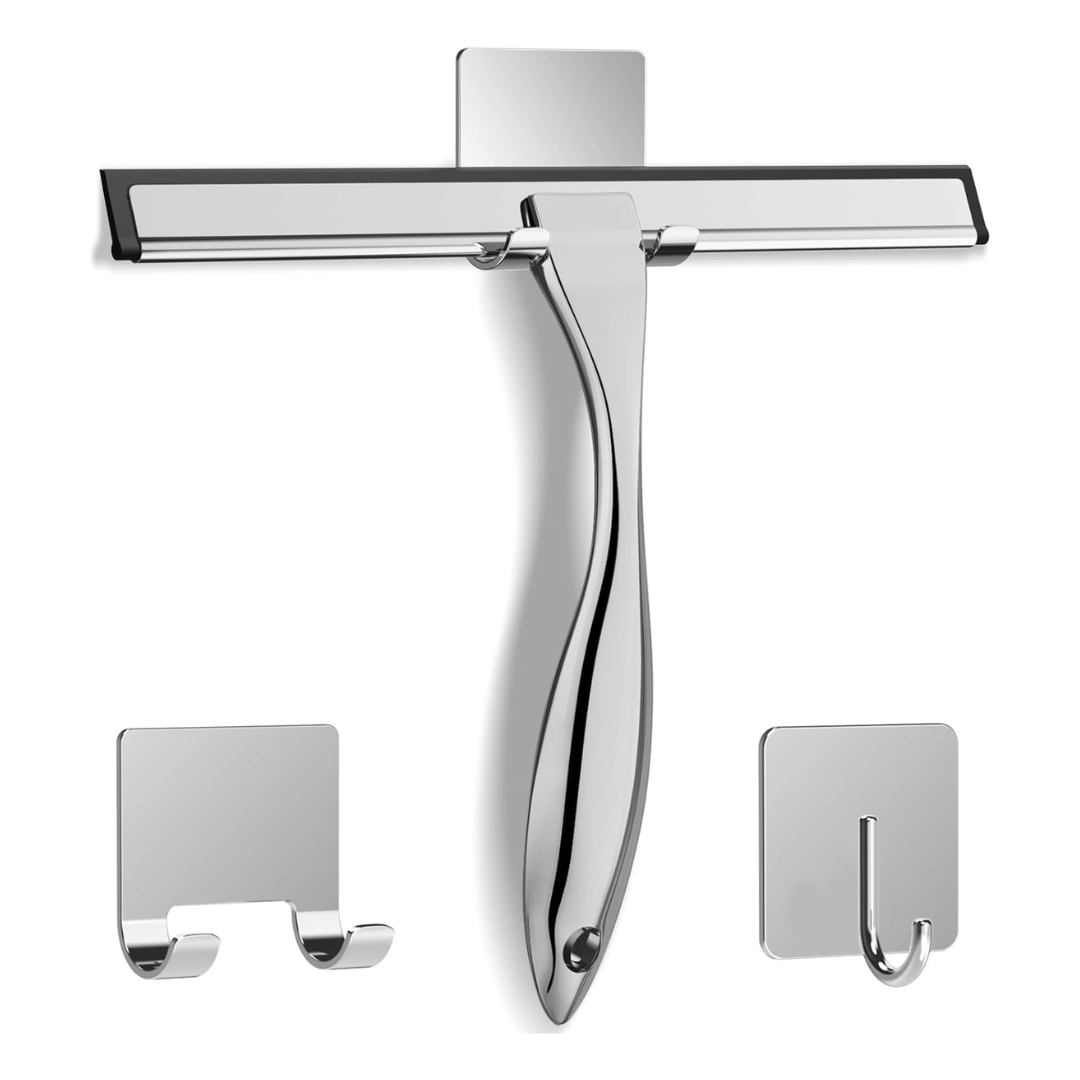 10" Docrok All-Purpose Stainless Steel Shower Squeegee W/ 2-Adhesive Hooks