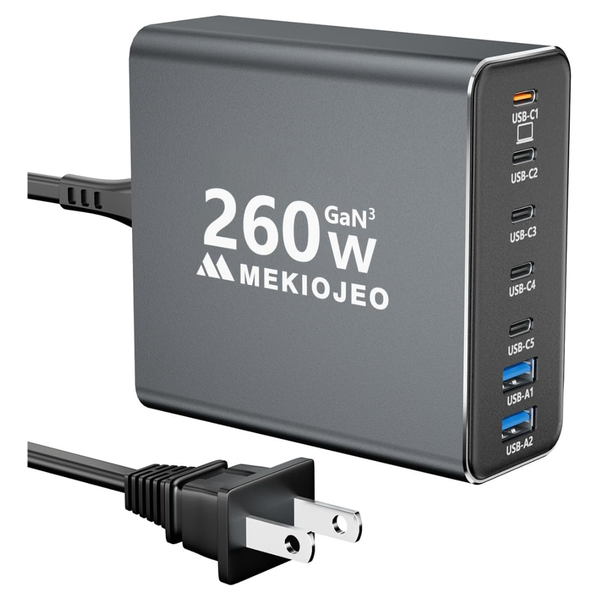 MEKIOJEO 7-Port Up To 260W GaN 3 USB-C Wall Charger