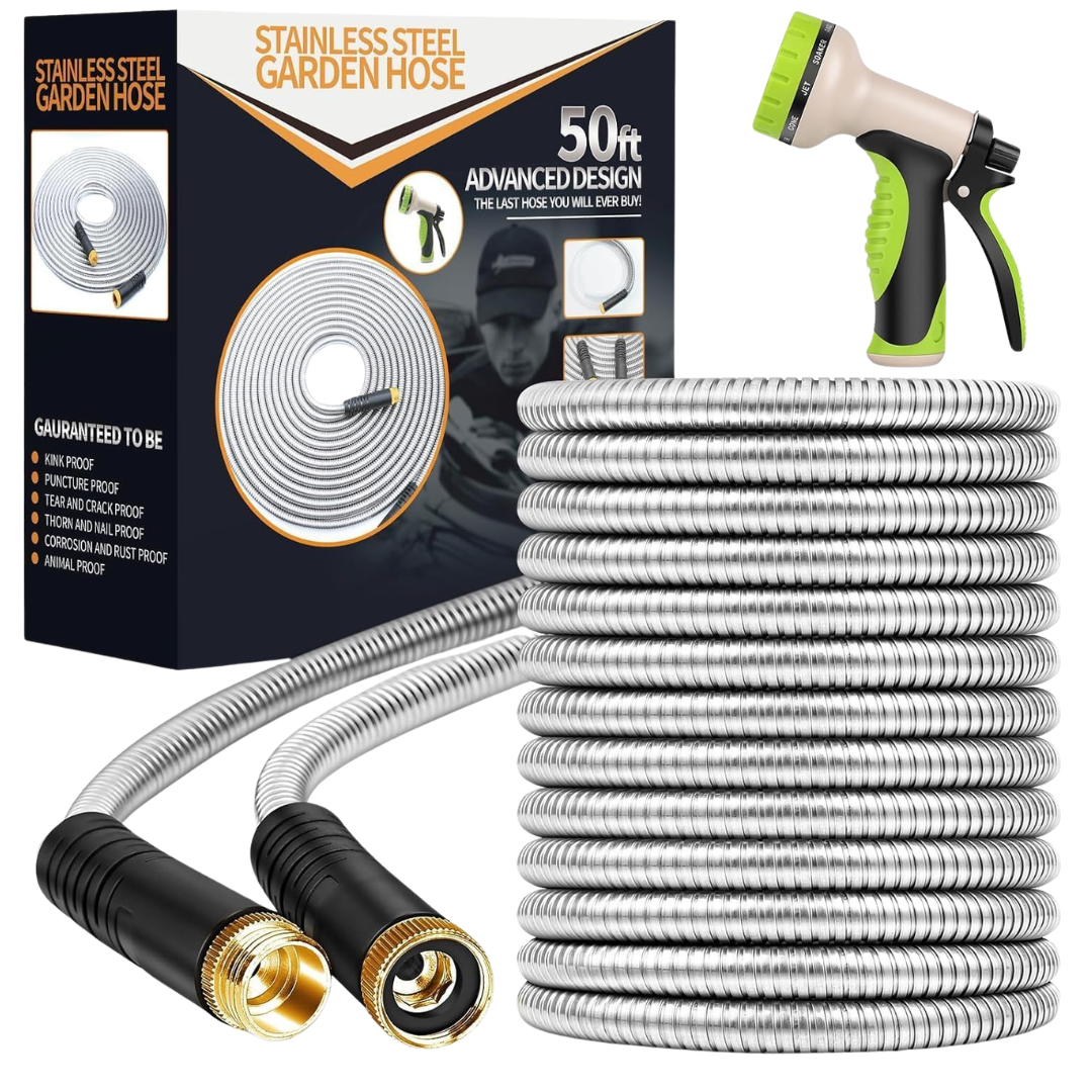 50-Ft Unywarse Stainless Steel Garden Hose W/ 10 Function Nozzle
