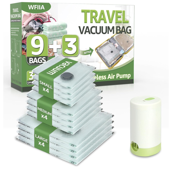 12-Pack Of 3 Sizes Vacuum Seal Bags W/ Rechargeable Air Pump