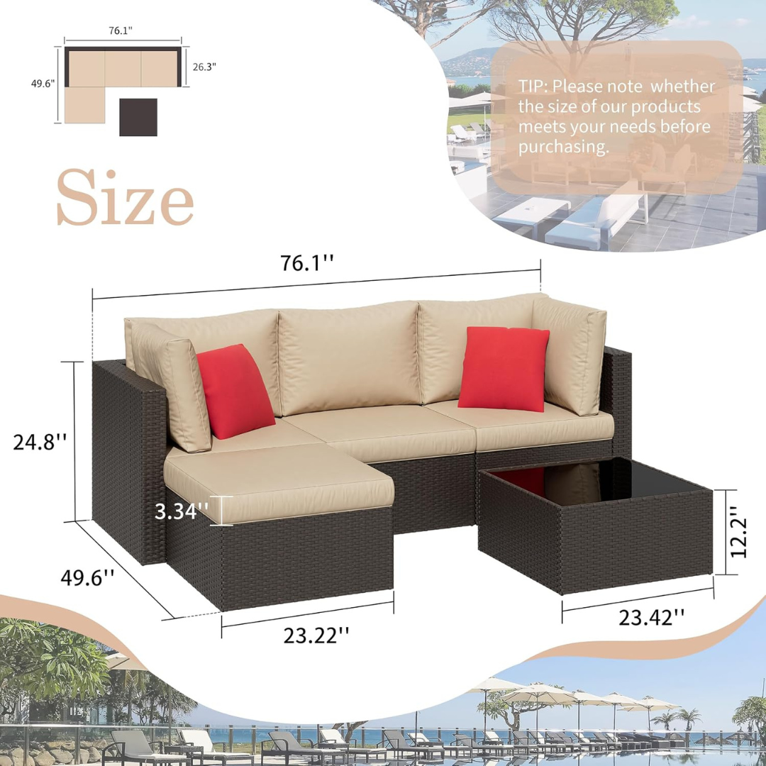 5-Pieces Shintenchi Patio Outdoor All-Weather Sectional Patio Sofa Set
