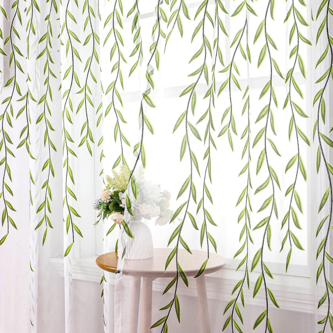 108 Inch Sheer Curtains with Green Vine Leaf Pattern 2 Panels