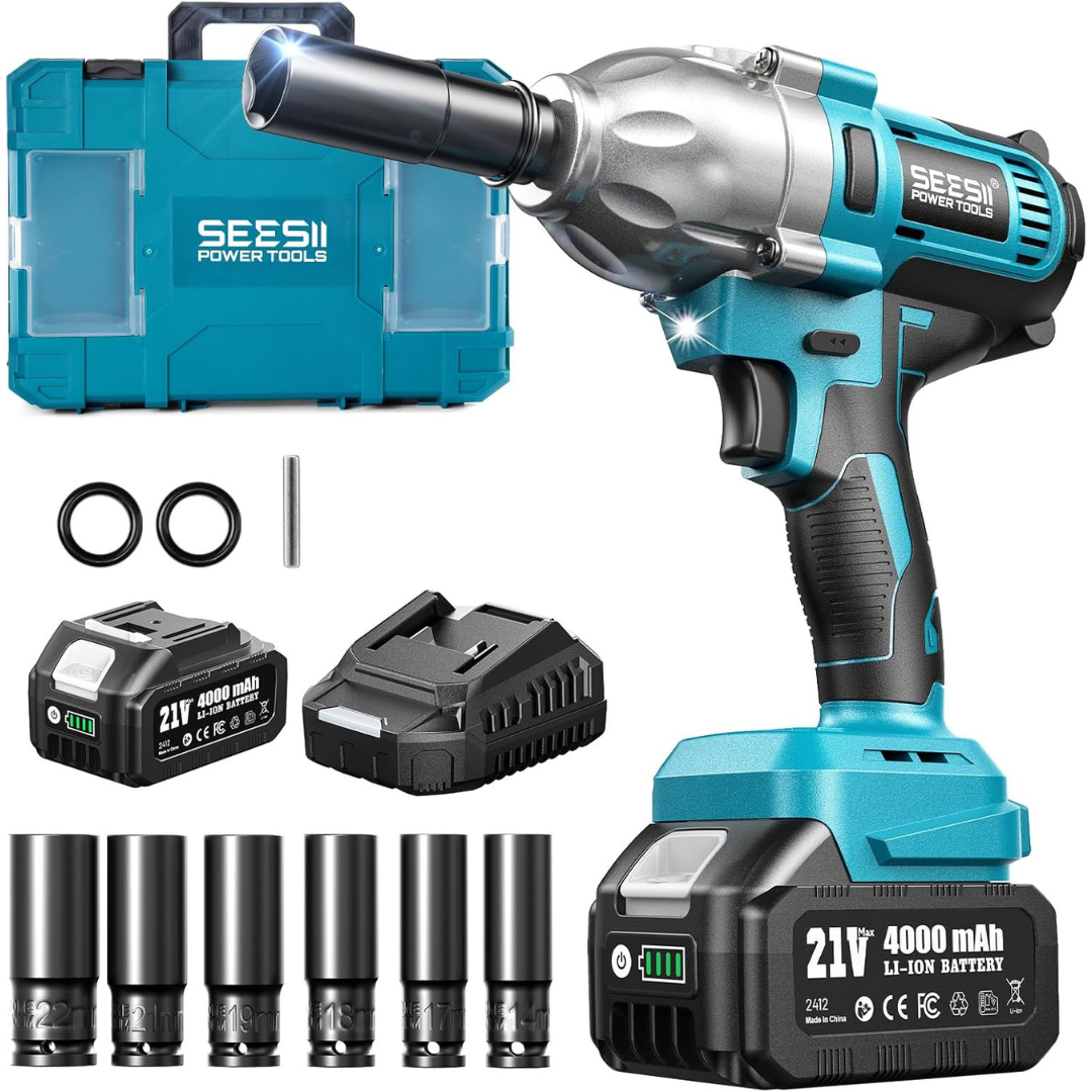 Seesii Cordless 665ft-Lbs 1/2'' Impact Wrench Kit w/ 21V Battery & Sockets