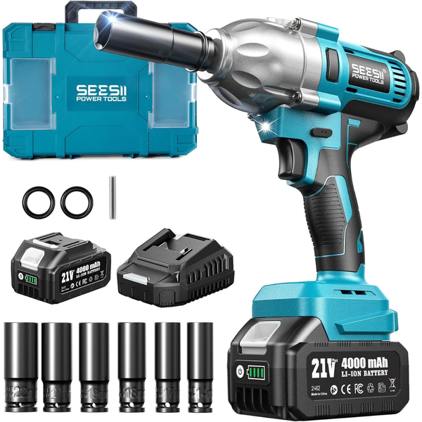 Seesii Cordless 665ft-Lbs 1/2'' Impact Wrench Kit w/ 21V Battery & Sockets