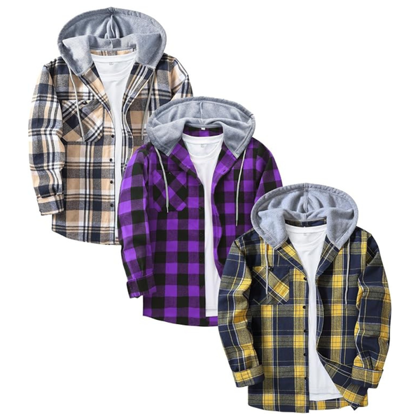3-Pack Men's Casual Button Down Plaid Flannel Hoodie Shirts