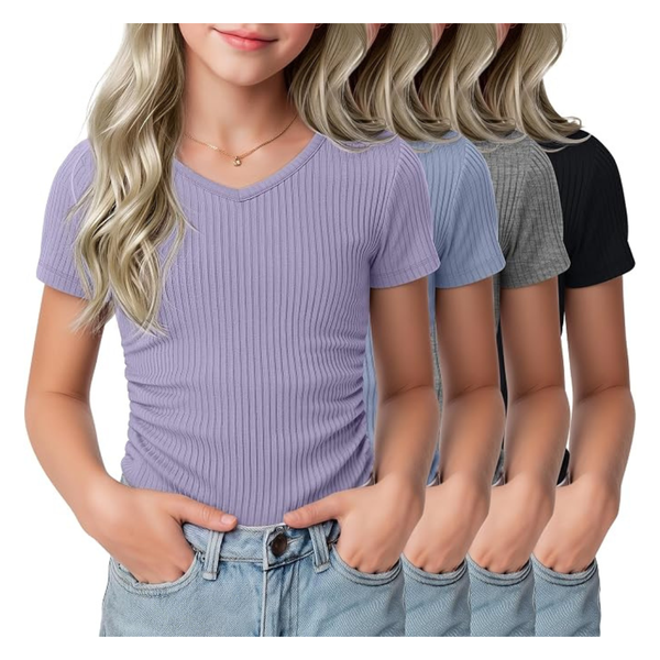 4-Pack Teen Girls Ribbed Knit Slim Fitted T-Shirts (Various Colors & Sizes)