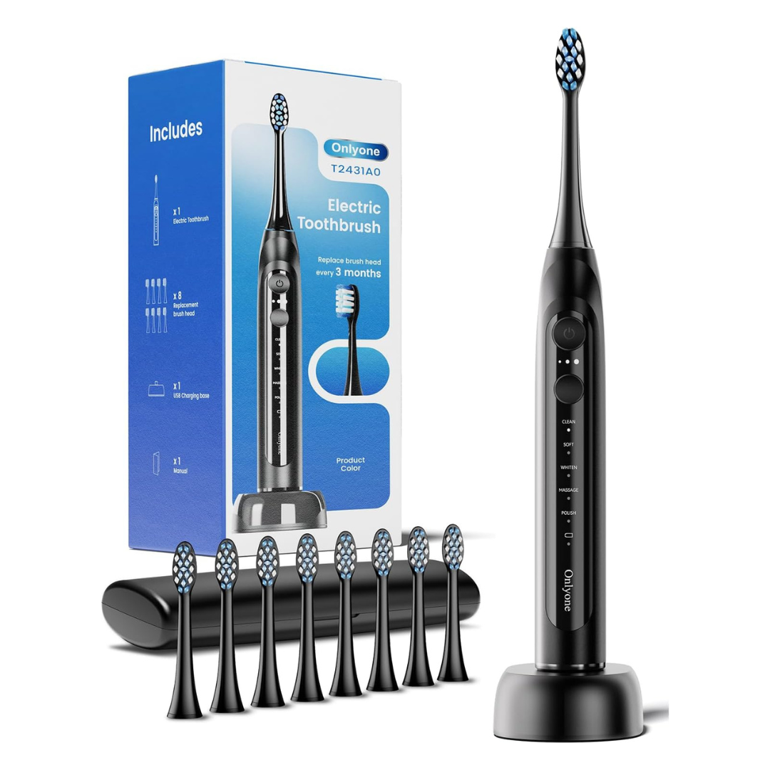 Onlyone Rechargeable Sonic Electric Toothbrush W/ 8 Replacement Heads