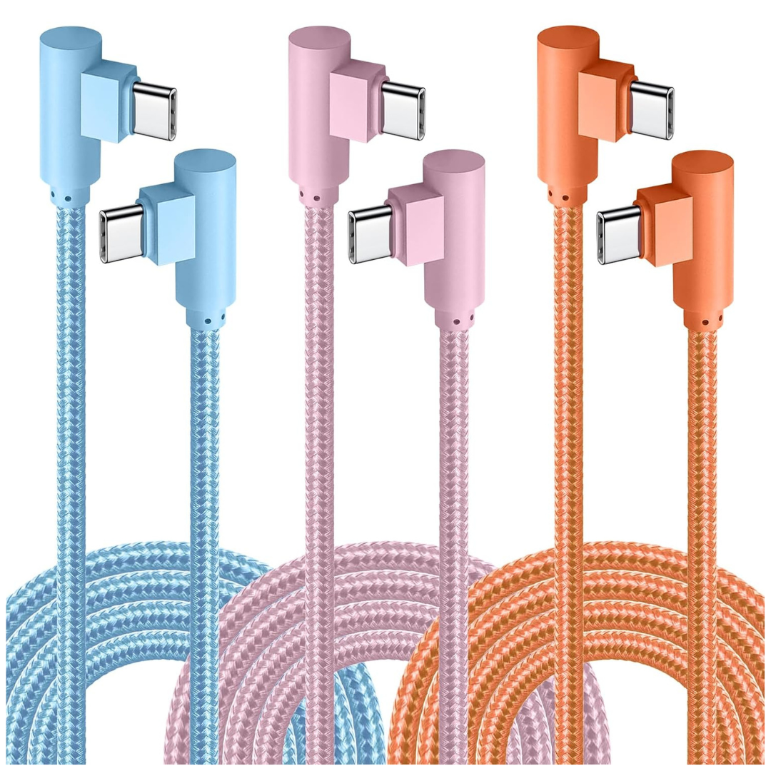 3-Pack 10Ft 60W PD Fast Charging USB-C Cable With 90 Deg. Connector