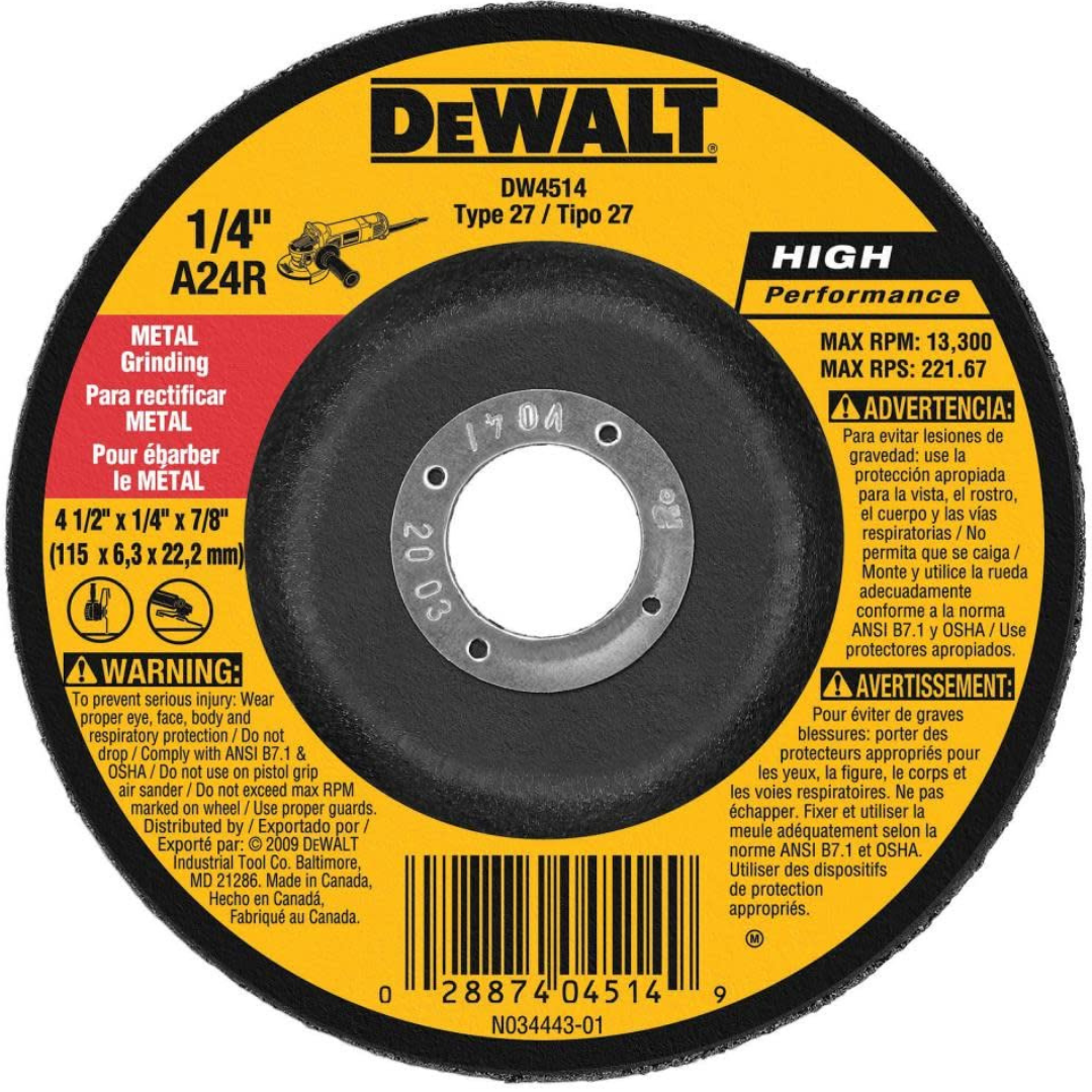DeWALT 1/4" Thick Grinding Wheel With 4.5" Diameter & 7/8" Arbor