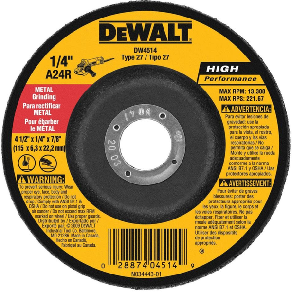 DeWALT 1/4" Thick Grinding Wheel With 4.5" Diameter & 7/8" Arbor