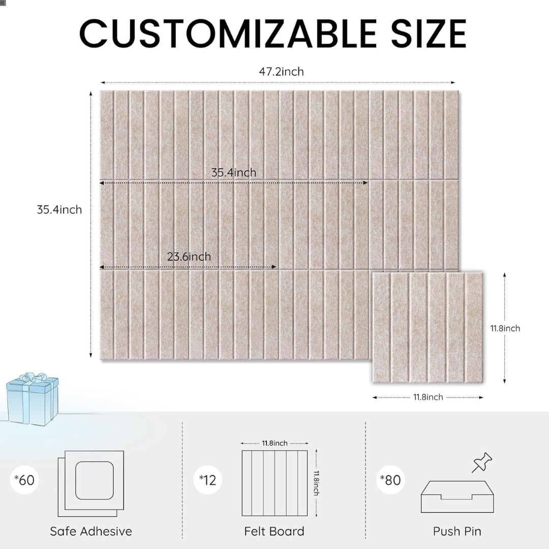 12-Pack 48" x 36" Large Cork Felt Slat Wall Panel Tiles with 60 Pushpins