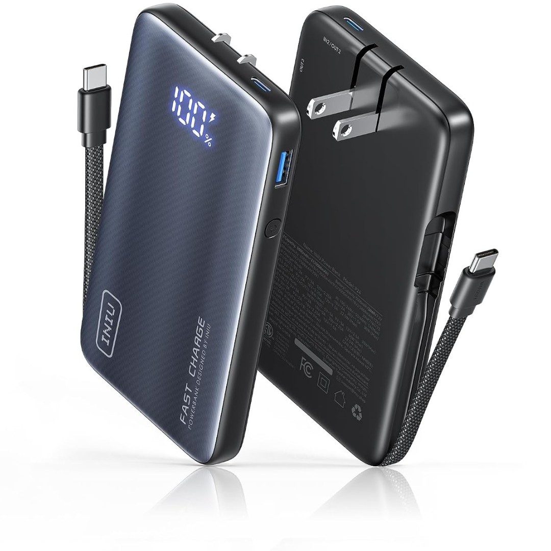 10000mAh INIU 45W Power Bank with Built-in USB-C Cable and Wall Plug