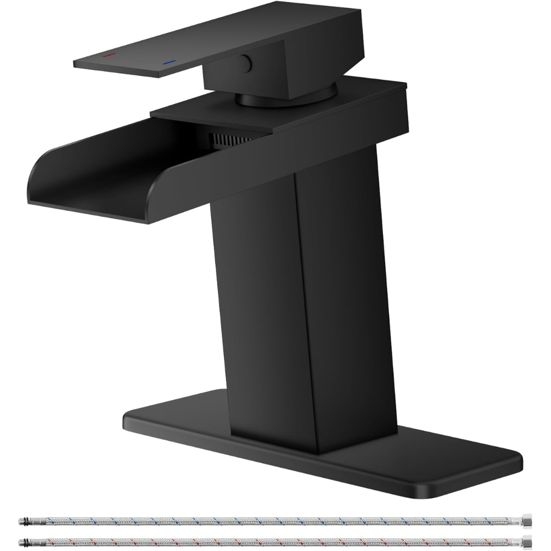 Bathlavish Waterfall Bathroom Faucet with Deck and 2 Hoses