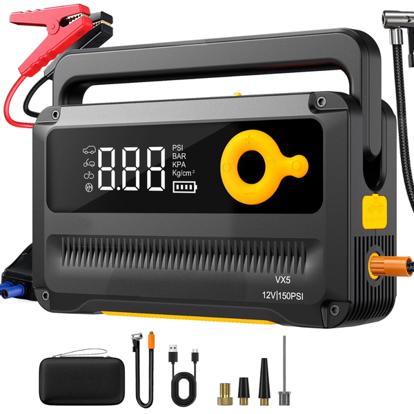 HOMSHADE 6000A Portable Car Jump Starter W/ 150 PSI Air Compressor & LED Lighting