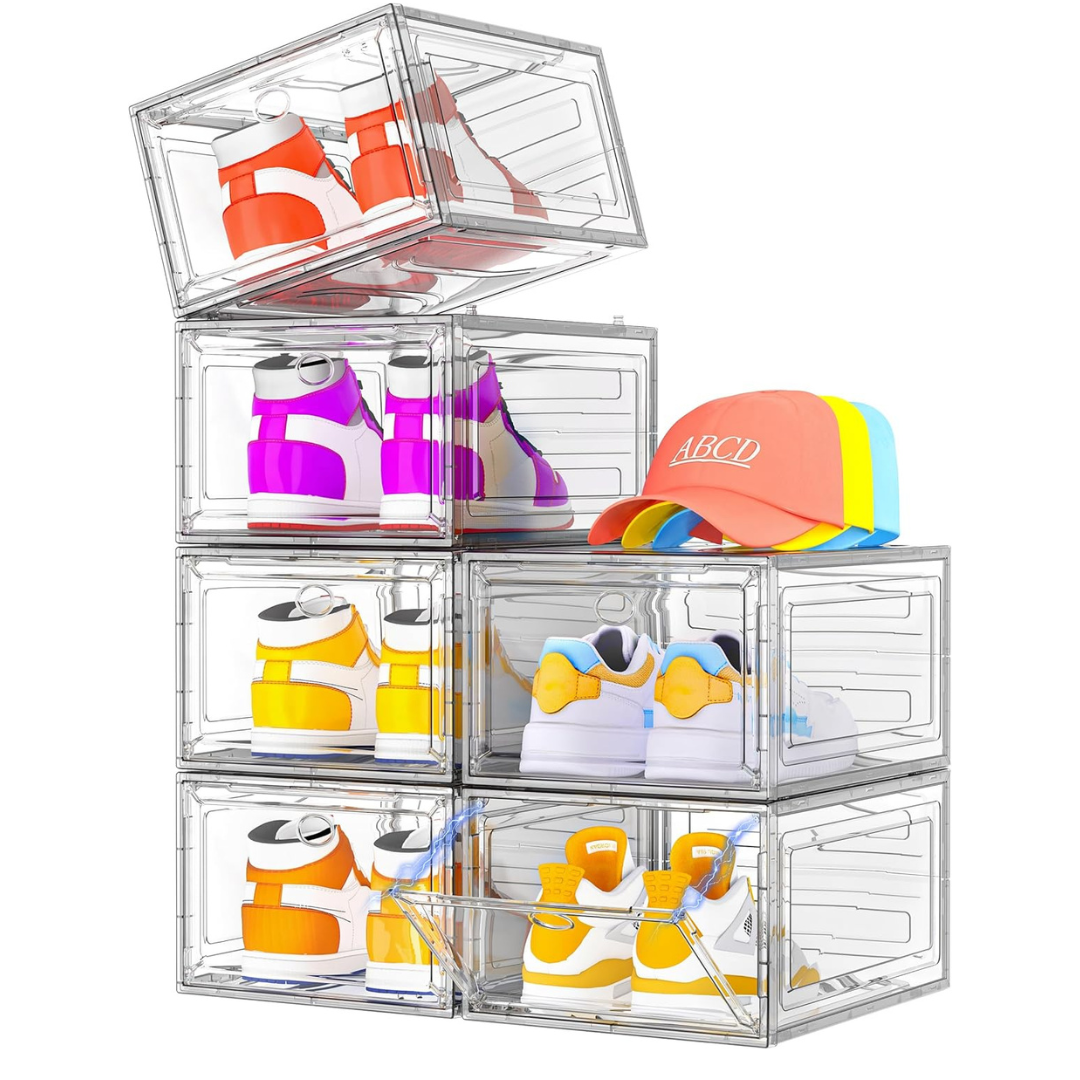 6-Pack Clear Stackable Shoe Storage Boxes With Magnetic Door
