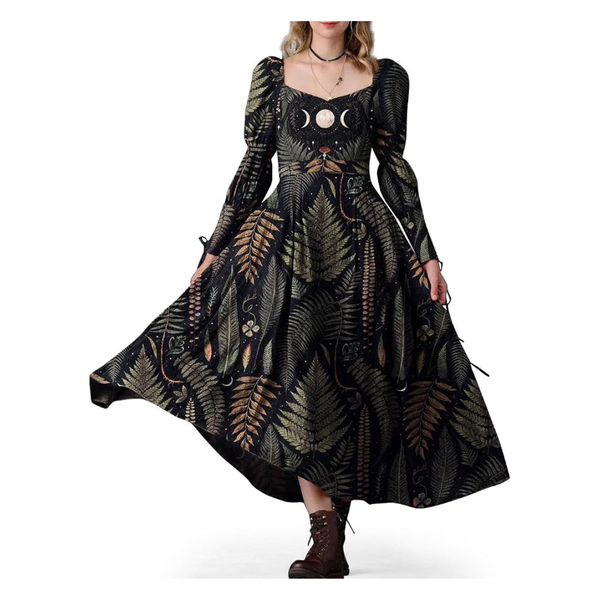Women's Floral Gothic Celestial Long Sleeve Maxi Dress