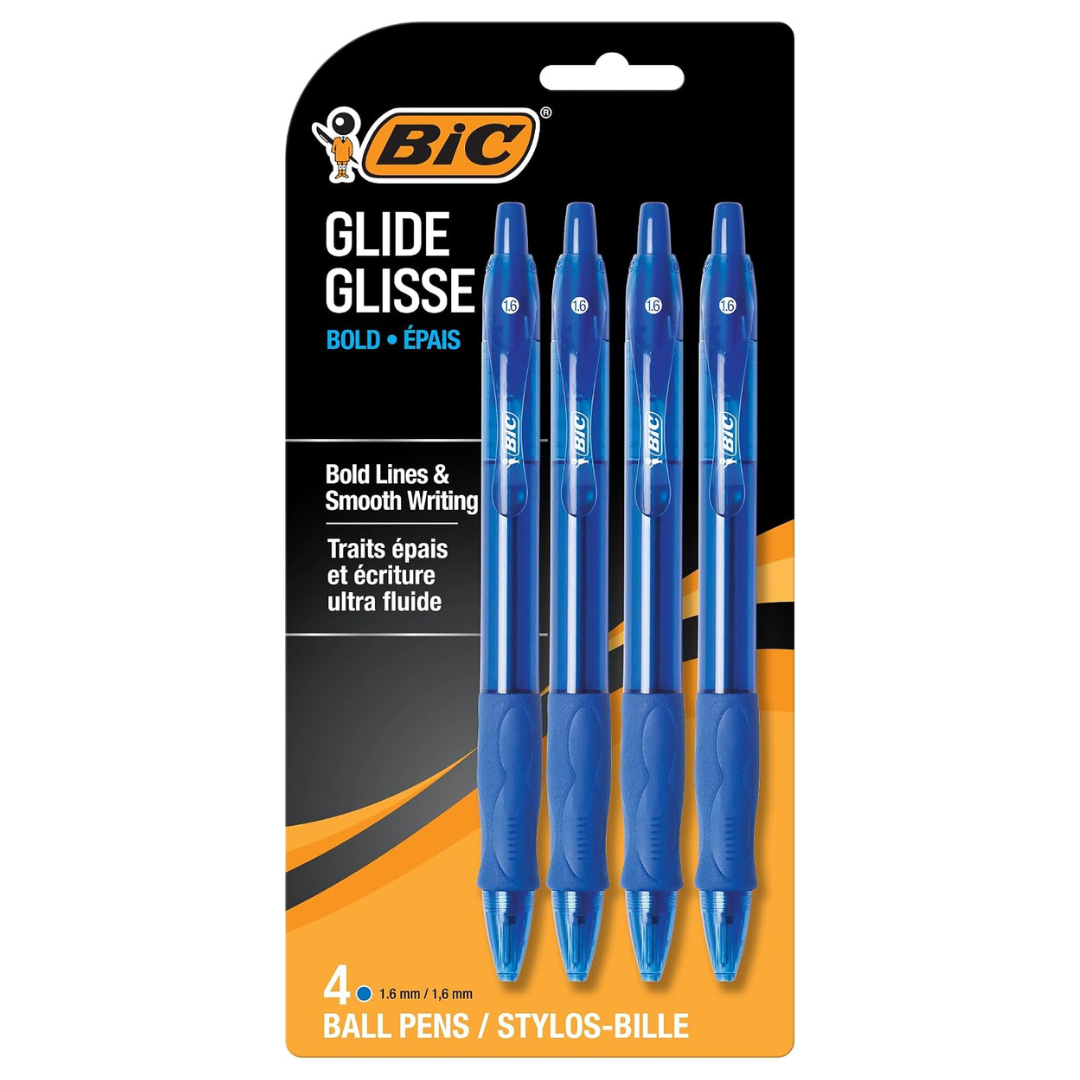 4-Count BIC Glide Bold Blue Ballpoint Pens (Bold Point, 1.6mm)