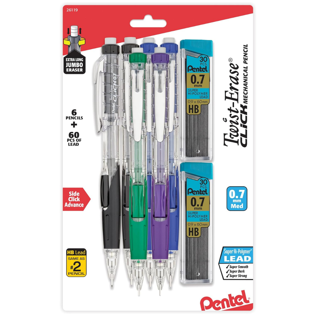 6-Pack Pentel Twist-Erase Click 0.7mm Mechanical Pencils W/ 2 Lead Refills