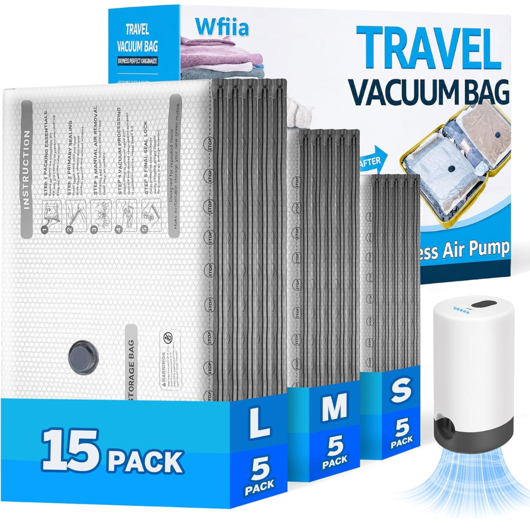 15-Pack Travel Vacuum Bags W/ Rechargeable Pump