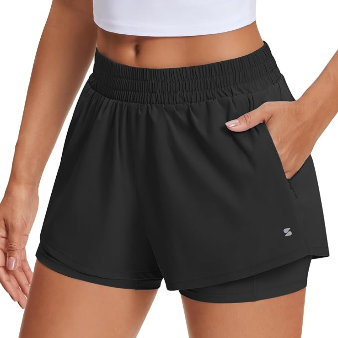 Stelle Women's 2-in-1 High Waisted Running Shorts W/ Zipper Pockets (Various)