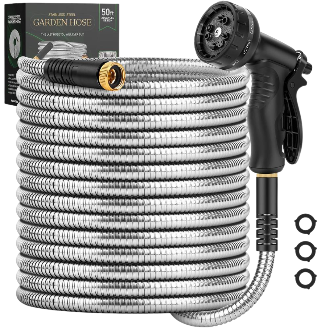 50ft Stainless Steel Garden Hose With 10-Function Nozzle