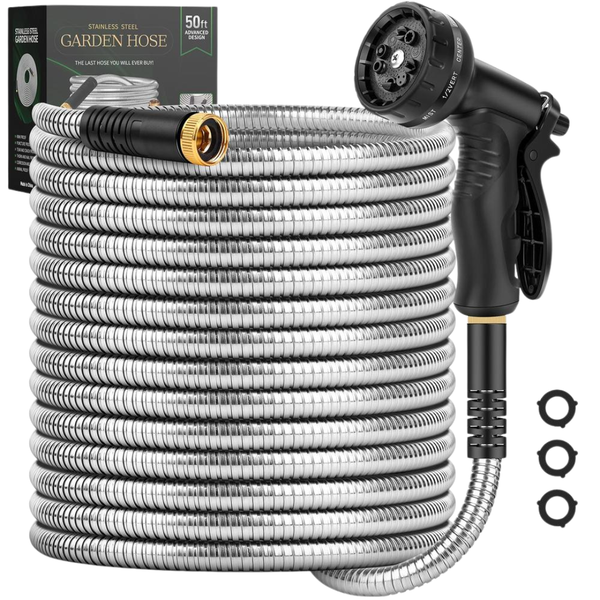 50ft Stainless Steel Garden Hose With 10-Function Nozzle