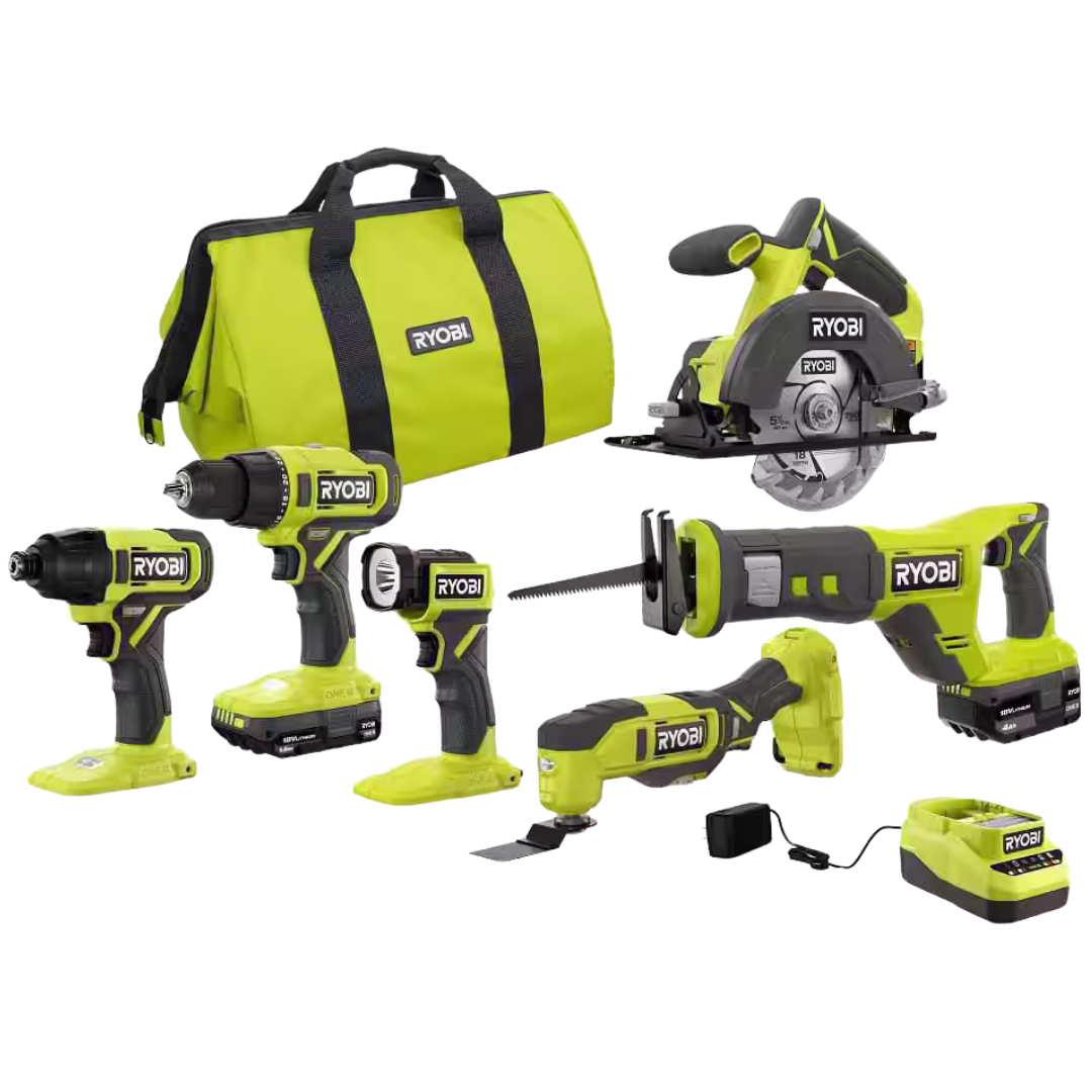 6-Tool Ryobi ONE+ 18V Cordless Combo W/ 1.5Ah + 4.0Ah Batteries & Charger