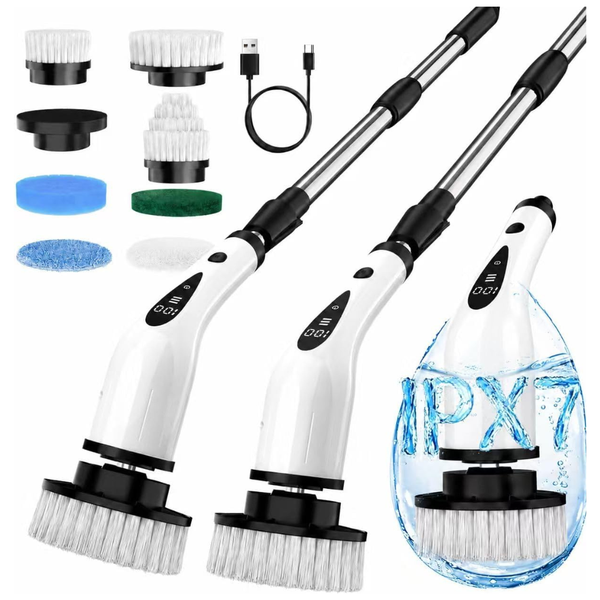 3-Speed Electric Spin Scrubber With 8 Brush Heads & Adjustable Long Handle