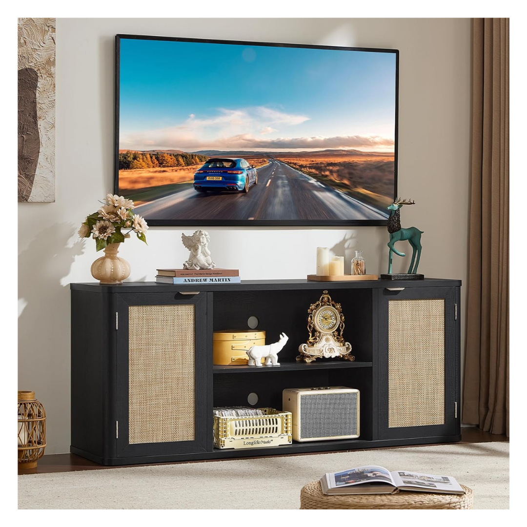Leyaoyao Boho Wood Rattan TV Stand For 50-65'' TVs