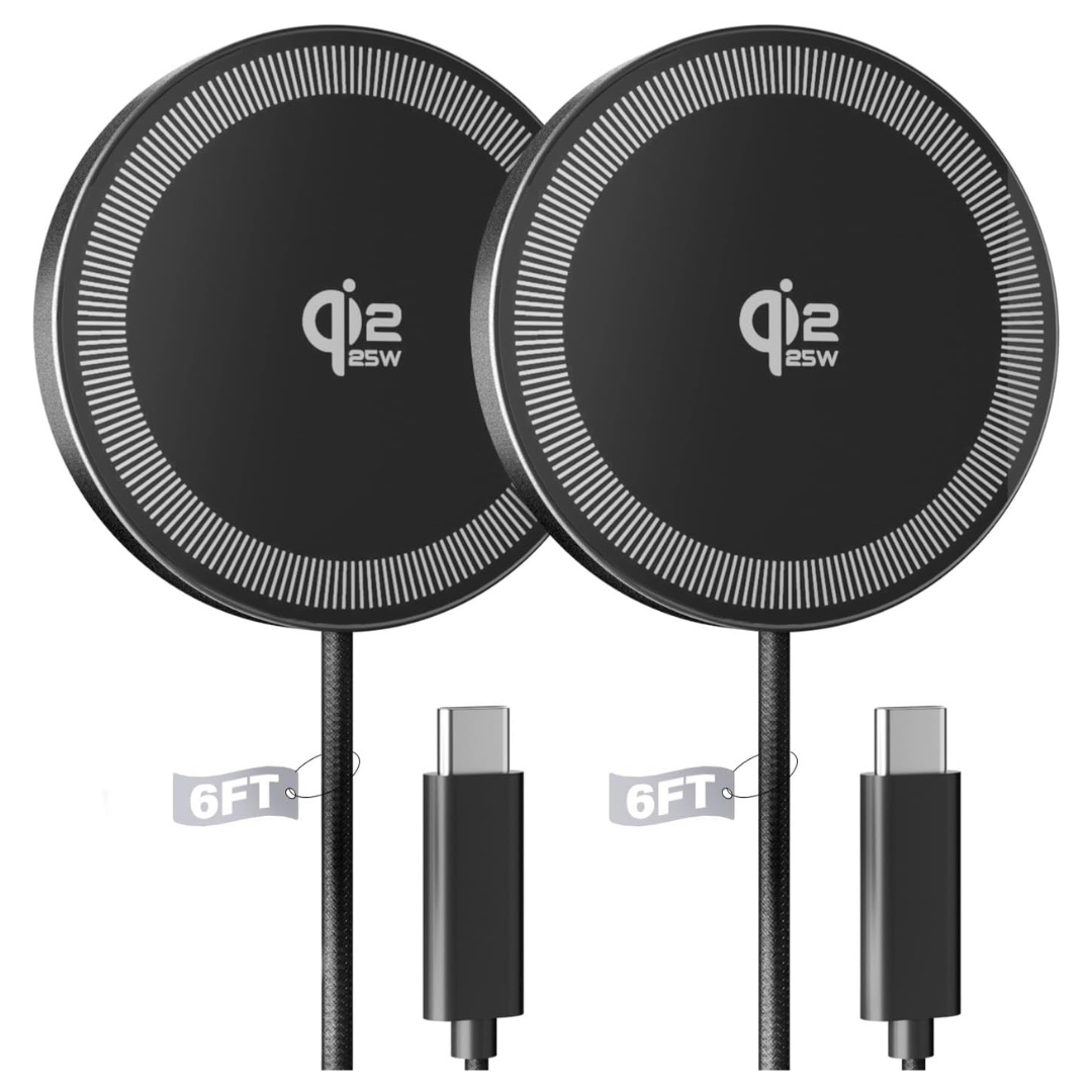 2-Pack 25W Magnetic Wireless Fast Charging Pad With 6.6 Ft Cable (2 Colors)