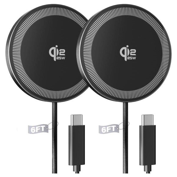 2-Pack 25W Magnetic Wireless Fast Charging Pad With 6.6 Ft Cable (2 Colors)
