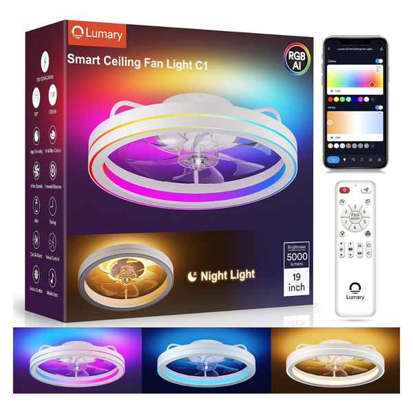 19" Lumary Smart Flush Mount Ceiling Fan W/ Light