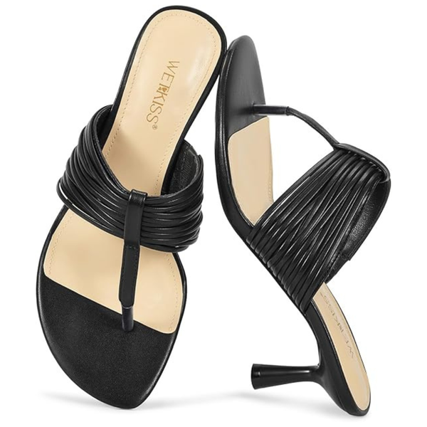Women's Black Kitten Heel Thong Sandals With Round Open Toe (2 Colors)