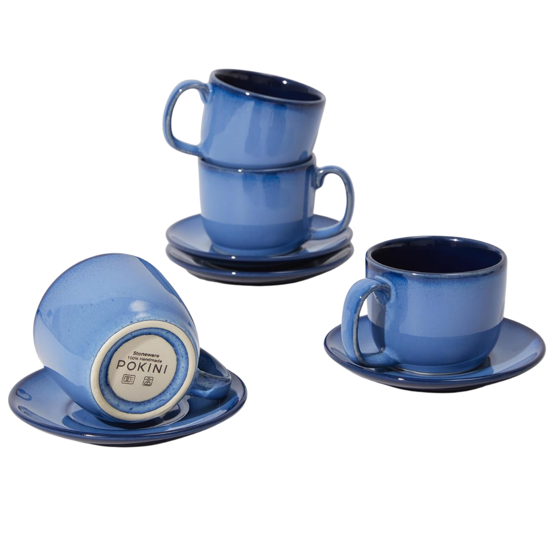 Set Of 4 Stoneware 6-Oz Cappuccino Cups Set With Saucers