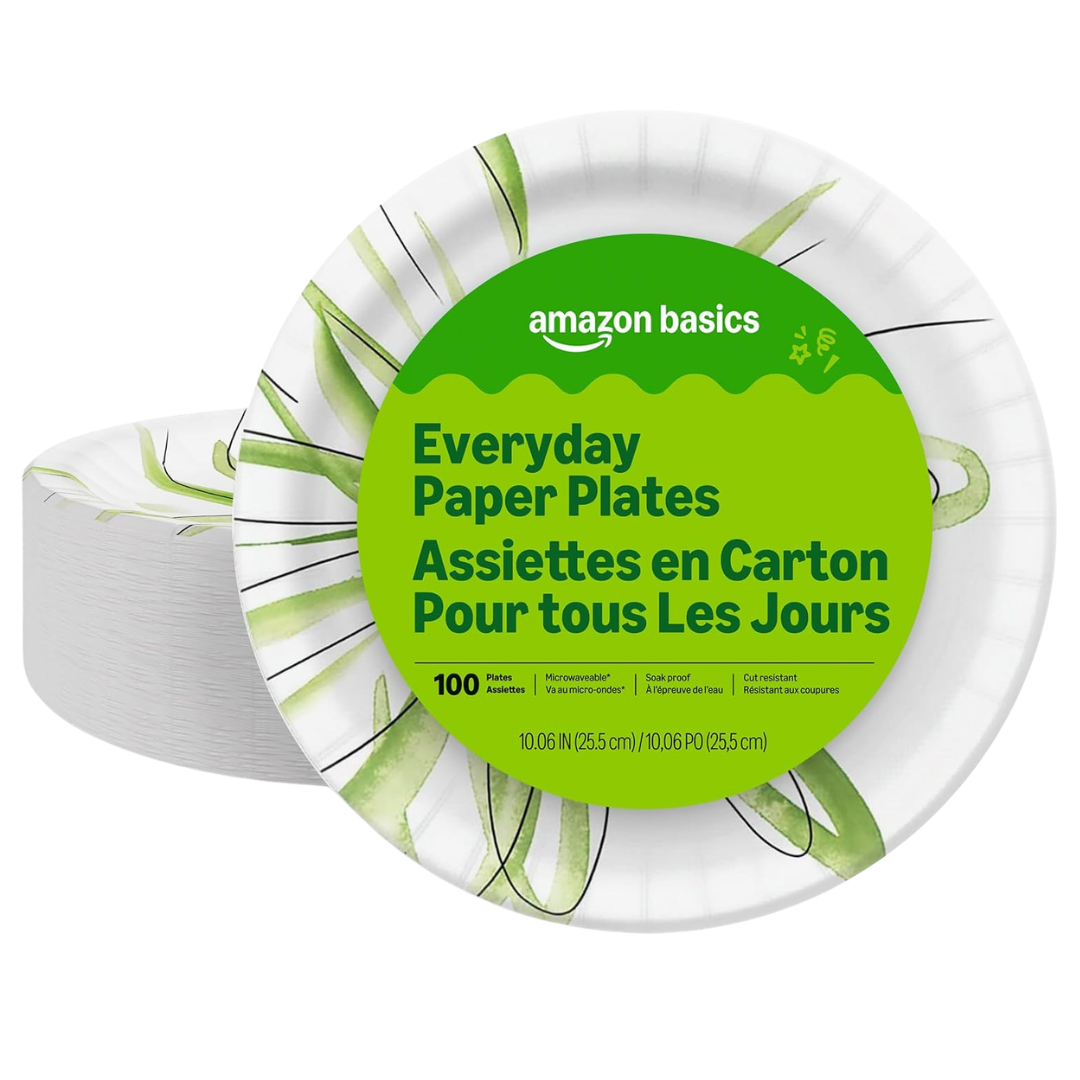100-Count Amazon Basics 10.6 Inch Everyday Disposable Paper Plates