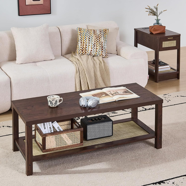 Lerliuo Boho Rattan Wood Center Coffee Table W/ Open Storage Shelf