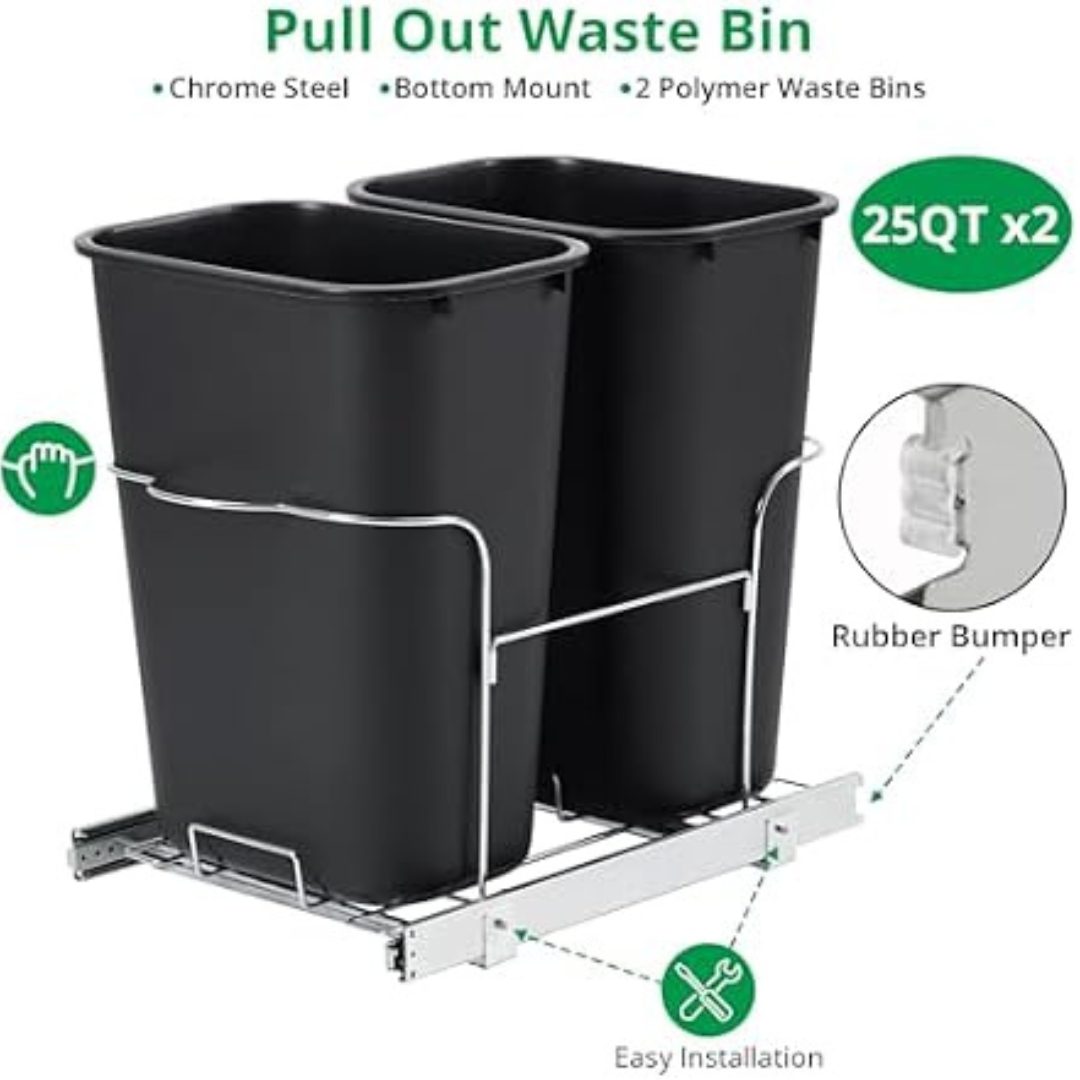 2 x 25-Qt Movecom Double Bin Pull-Out Trash Can