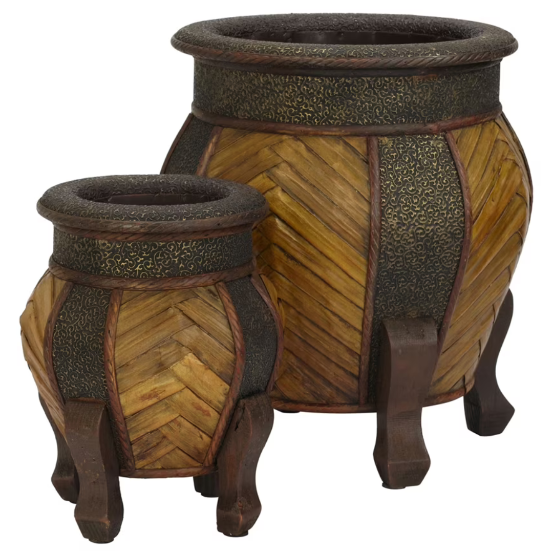 Set Of 2 Nearly Natural Lightweight Rounded Wood Planters