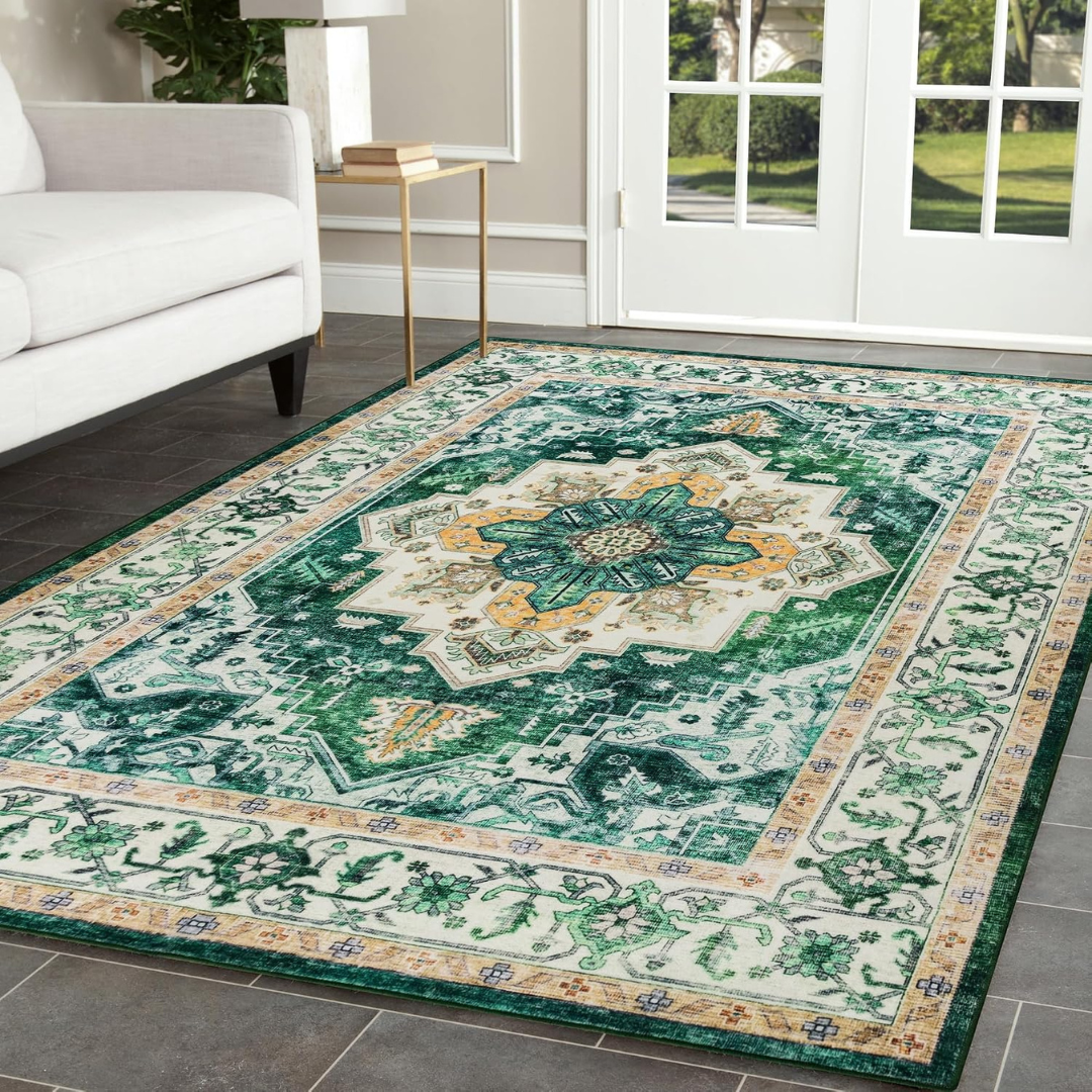 8'x10' Vintage Non-Slip Green Washable Area Rug