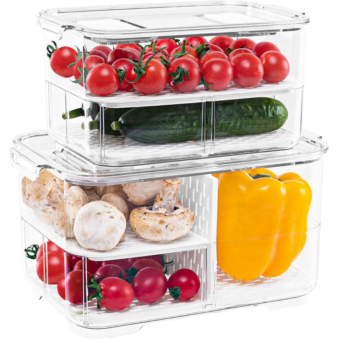 2-Pack Fruit & Vegetable Storage Containers W/ Lids & Removable Drain Tray